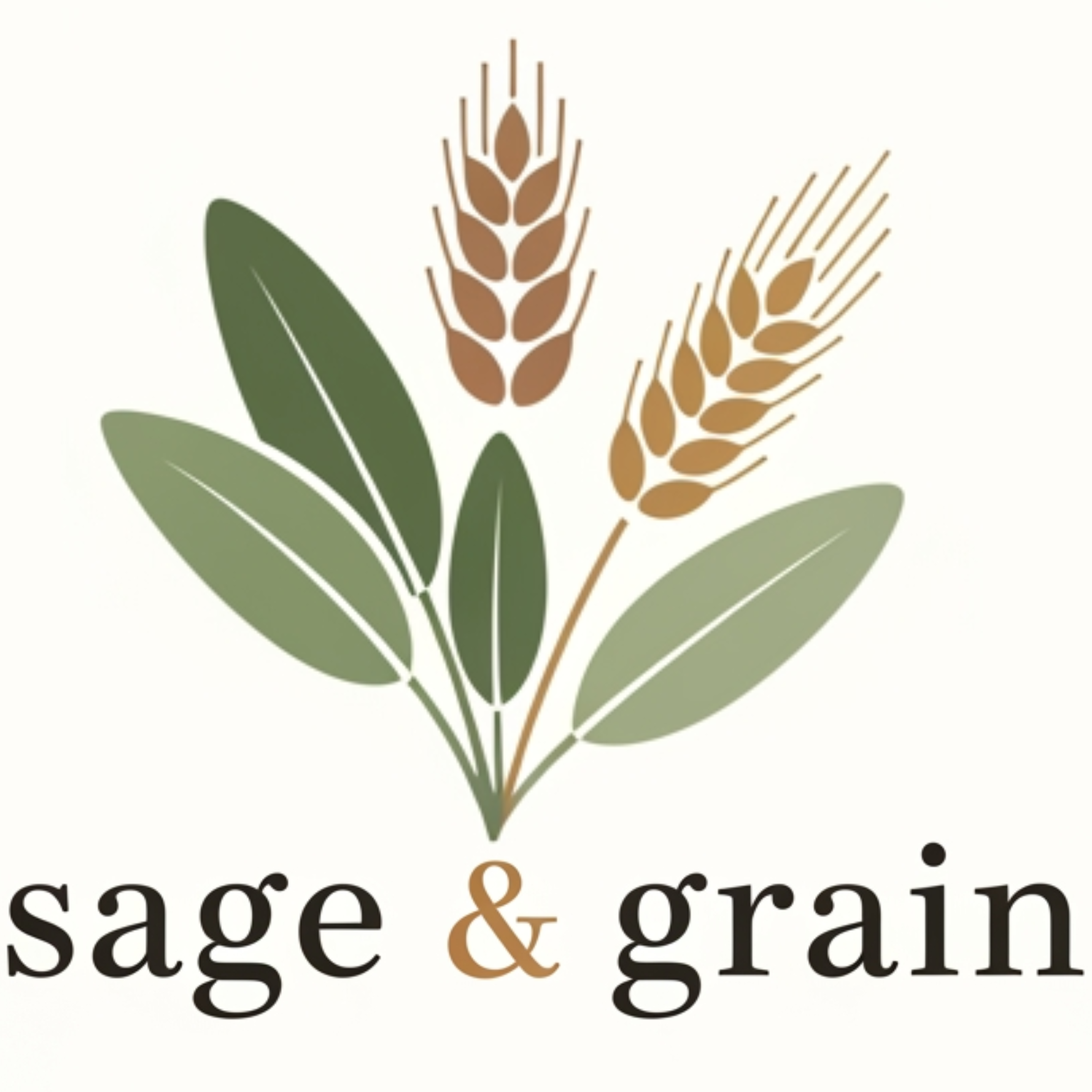 Logo of 'sage & grain' with sage leaves and wheat stalks on a white background